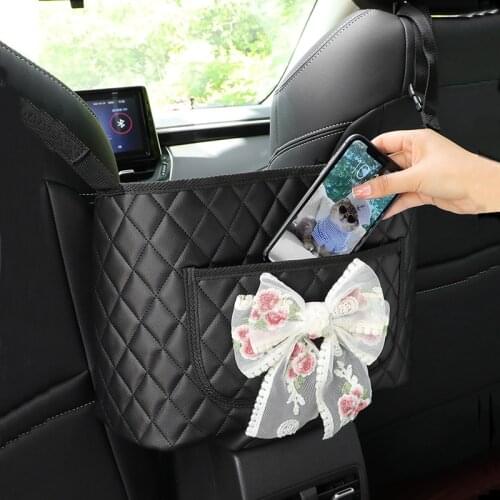 Cute Bowknot Universal Car Seat Storage Bag Middle Organizer Cartoon Leather Pocket Handbag Holder Auto Interior Stowing Tidying