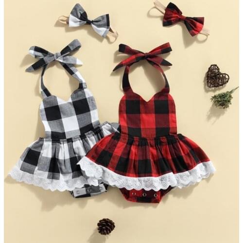 Newborn Baby Christmas Outfits Baby Girls Tie-up Lace Trim Plaid Halter Romper Headband with Bowknot Costume Set