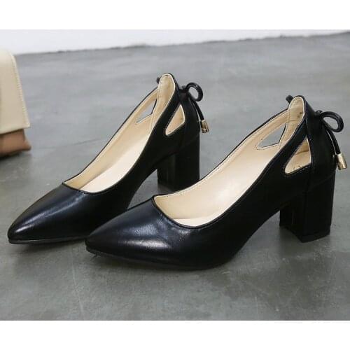 High Quality Women Pumps Pure Color Square High Heels 6CM Fashion Black Leather Shallow Wedding Shoes Woman Large Size 44