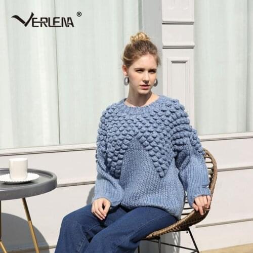 Verlena Loose Thick Autumn Winter Mahair Jumper Solid Blue Bobble Chunky Knitted Sweater Women Long Sleeve O-Neck Pullover 2019
