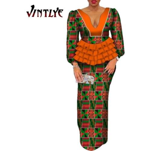 2 Pcs Women Skirt and Top Set Ankara Fashion African Dashiki Print Lady Clothes V-neck Pleated Top Coat and Robe Skirt WY1174