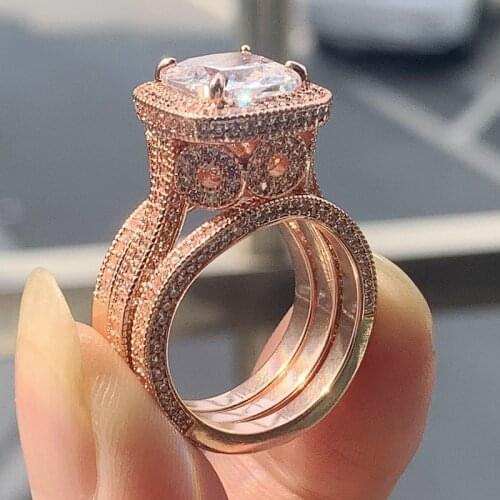 2020 New Arrival Vintage Fine Jewelry Hot 925 Sterling Silver&Rose Gold Cushion Shape White Topaz CZ Diamond 3PCS Wedding Ring
