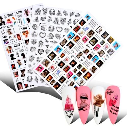 3D Black White Nail Art Stickers Abstract Geometric Animal Panda Leaf Flower Nail Decal Manicure Decorations Tips