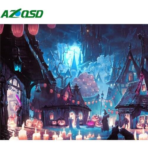 AZQSD Unframe Painting By Numbers On Canvas Landscape Handpainted Gift DIY Coloring By Numbers Town Acrylic Paint Halloween Gift