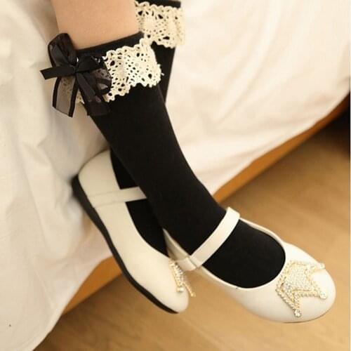 Girls Stockings Kids Lace For Children Cute Cotton Meias Bowknot Knee Girl Chaussette High Spring Autumn Fashion Navy CL0860