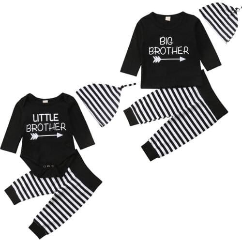 Citgeett Little Big Brother Baby Boy Romper T-shirt Striped Pants Hat 3Pcs Family Matching Outfit Autumn Set