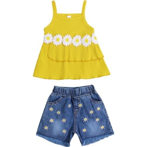 1-5T Infant Kids Baby Girls 2Pcs Clothes Set Ribbed Tops Dress Shirt Sun Embroidery Tassels Denim Shorts Flower Pudcoco Outfits