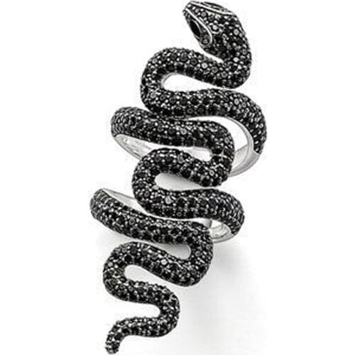 Silver Black CZ Pave Openable Double-Ringed Snake Rings, Long Open Mouth Snake Thomas Style Ring Jewelry Gift for Women Men