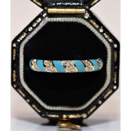 Pretty 14k Gold Victorian Antique Style New Made Natural Diamond Enamel Decorated Pretty Band Ring