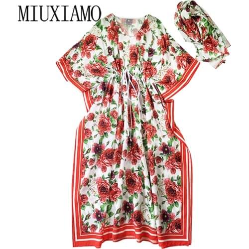 MIUXIMAO 2021 Bohemian Plus Size Dress V-neck Batwing Sleeve Maxi Dress Women Silk Floor Length Red Flower Kaftan Dress Belt