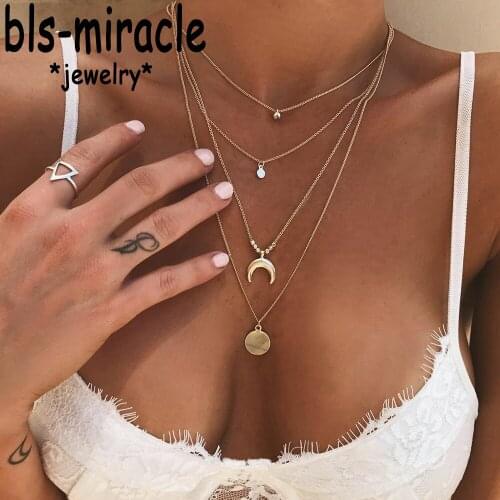 Bls-miracle Bohemia Lady Gold Retro Crescent Crescent Pendant Multilayer Chain Necklace Girls Jewelry Party Gifts NX-04