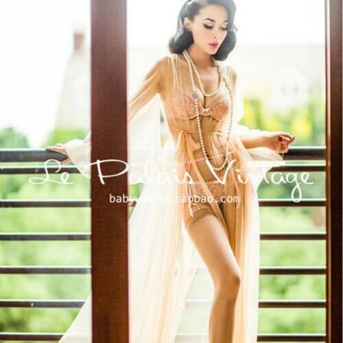 2015 Summer Style Le Palais Vintage Elegant Retro Sexy Pink Meat Perspective Gauze Lengthened Pajamas Sleepcoat Women Robes