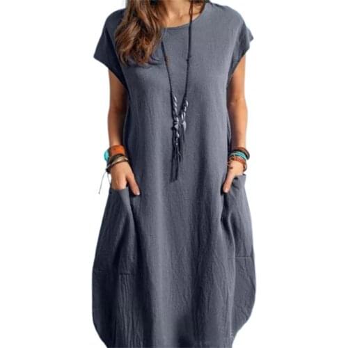 Summer Women Short Sleeve Solid Color O Neck Dress Mid-calf with Pocket Simple Fashionable Cotton Blend Loose Hem Dress