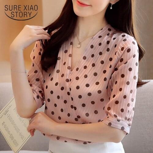 Short Sleeve Pullover Ladies Blouses Korean Style Summer Womens Shirts Office Lady V Neck Polka Dot Blouse Women New 9025