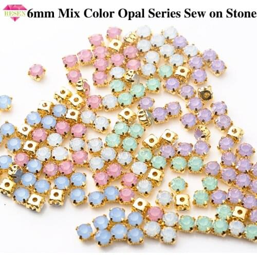 RESEN 6mm Mix Fancy Opal Colors Resin Sew On Rhinestones With Gold Claw Pink/Blue/Green/White Opal Sewing Rhinestones DIY Dress