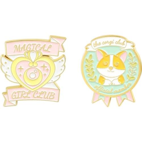 Heart Moon Wing Magical Girl Wand Badges Brooches Corgi Enamel Pins for Women Kids Children Dog Puppy Lover Gifts