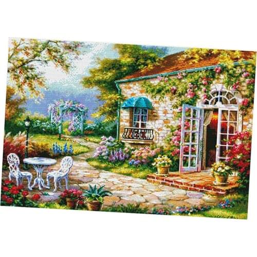 Stamped Cross Stitch Kit Pre-Printed Garden House Pattern DIY Needle Crafts for Living Room Kitchen Hotel Restaurant