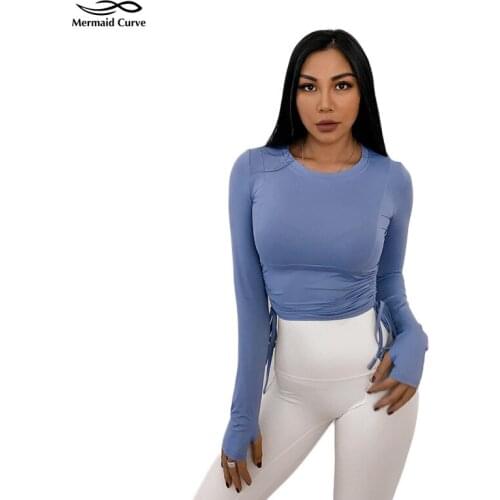 Spring Autumn Fitness Clothes Women Tight Elastic Double Drawstring Long Sleeve Sports T-shirt Yoga Shirts Pilates Training Top