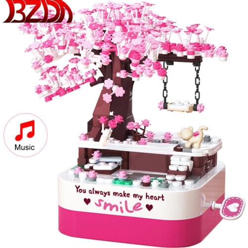 BZDA Cherry Blossoms Tree Music Box Rotating Sakura Building Blocks Sakura Tree Creativity Bricks Toys for Children Girls Gifts