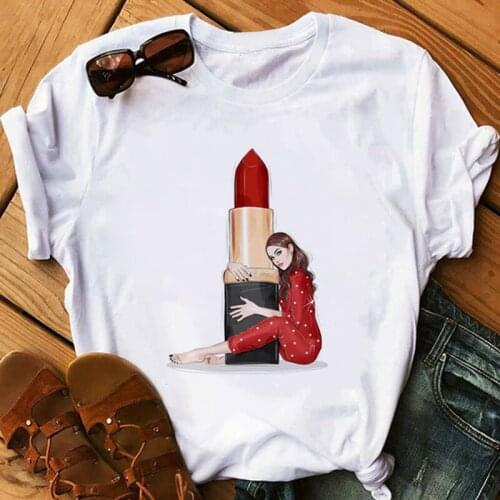 2021 New Women T-shirts Red Lipstick Perfumer Floral Oversized Tshirt Girl Summer Lady O Neck Female Tee Short Sleeve Clothes