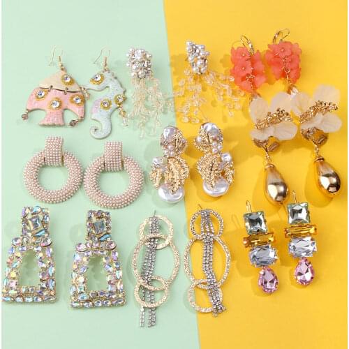 Flatfoosie Flower Dangle Earrings for Women Bridal Crystal Hanging Drop Earring Simulated Pearl Fashion New Statement Jewelry