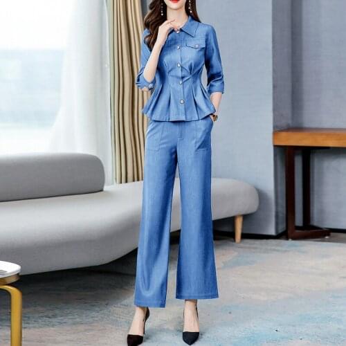 2021 Casual Long Sleeve Denim Shirt and Wide Leg Pants Two Piece Set Women Spring Autumn Femme Elegant Jeans Vintage Suit Sets