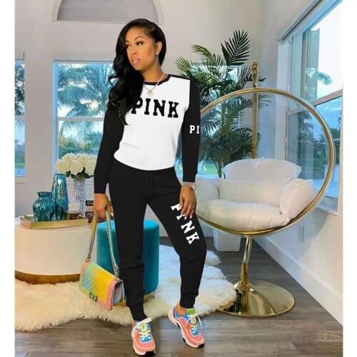 2021 Pink Letter Print 2 Piece Set Women Casual Outfits Female Tracksuit Long Sleeve Tshirt Top And Pants Suit Spring Streetwear