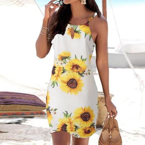 2021 Sunflower Print Dresses For Women Party Femme Robe Halter Neck Boho Sleeveless Beachwear Dress Sundress Sukienki Damskie