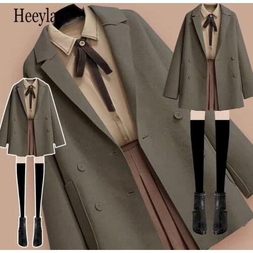 Plus Size Woolen coat three-piece jacket blouse short skirt 3 Pieces Set women streetwear autumn winter suit female Korean Suits