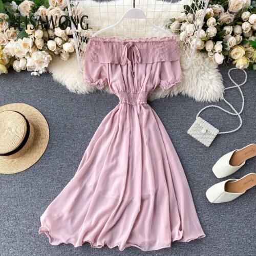 Summer Ruffle Dress Women Short Sleeve Sexy Off The Shoulder Slim Dress Patchwork Pleated Chiffon Dress 2020 New Beach Robe