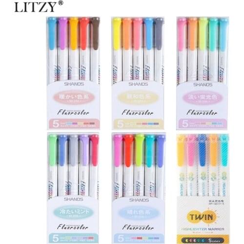 5/7Pcs/Set Japanese Colour Double Headed Highlighter Pen Student DIY Drawing Fluorescent Marker Pens for Scribble Stationery