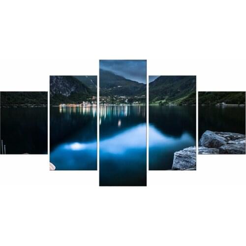 5 Pieces Free Shipping Mountain Lake Night Natural Landscape HD Print On Canvas Modern Home Decor Canvas Painting Framed