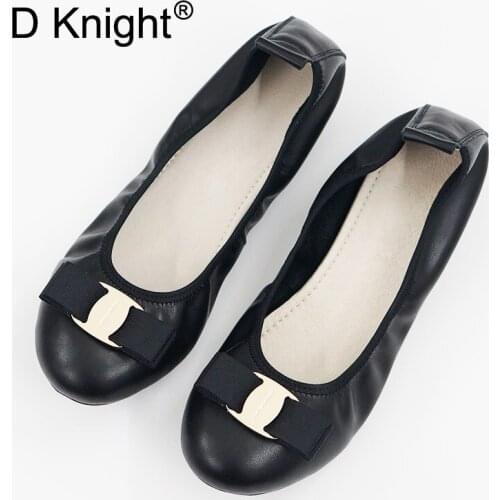 Genuine Leather Ballet Flats Women Brand Slip On Flat Shoes Woman Ballerina Flats Bowtie Metal Decoration Ladies Loafers Size 43