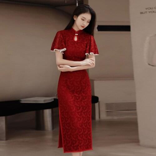 Chinese Cheongsam Improved Qipao Women Red Young Style Evening Wedding Party Slitting Hem Cheongsam Banquet Midi Dress