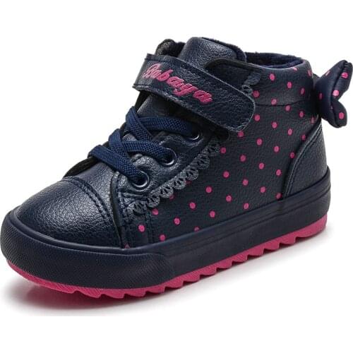 Kids Boots Girls Boots 2020 Winter Warm Plush PU Leather Baby Girl Shoes Fashion Polka Dot Bow Princess Children Casual Sneakers