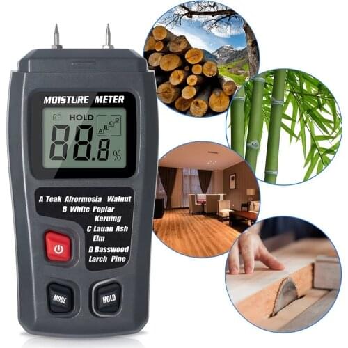 EMT01 Two Pins Digital Wood Moisture Meter 0-99.9% Wood Humidity Tester Timber Damp Detector with Large LCD Display
