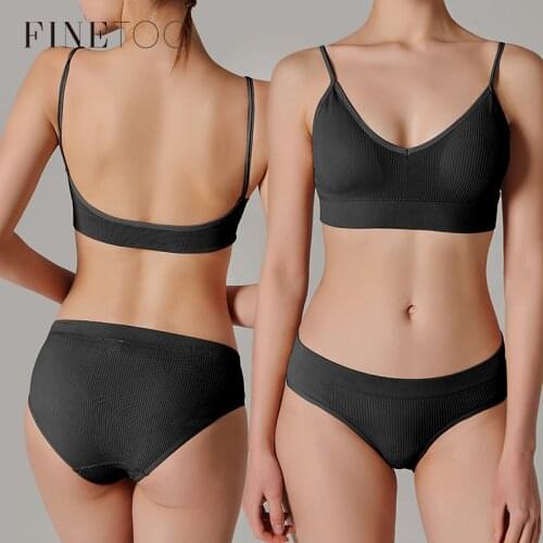 FINETOO Sexy Backless Bra Set Women Padded Bras Seamless Briefs Underwear Set Comfortable Tops Underpants Suit Ladies Lingerie