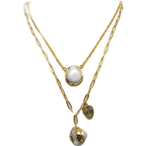 GG Jewelry Natural Cultured White Pearl White Quartzs Druzy Charms Gold Color Plated Chain Layers Statement Necklace For Women