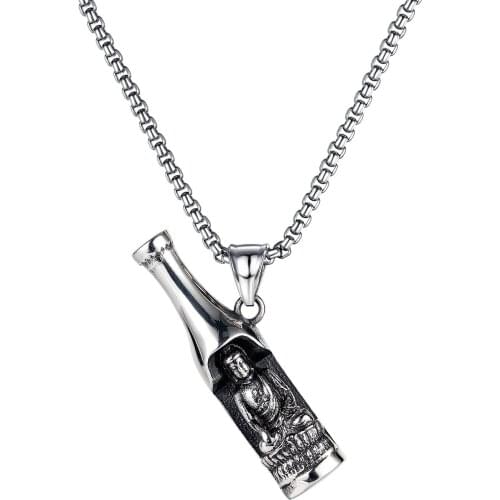 Classic Vintage Buddha Statue Wine Bottle Pendant Necklaces for Men Stainless Steel Creative Corkscrew Male Jewelry