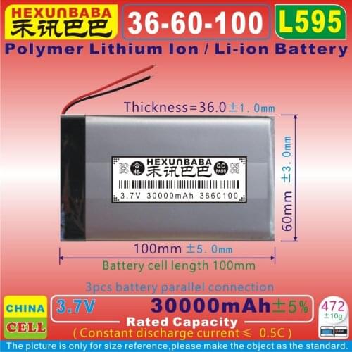 [L595 3.7V 30000mAh [3660100] PLIB;Rechargeable Polymer lithium ion / Li-ion battery for POS device,Laptops,LED,POWER BANK