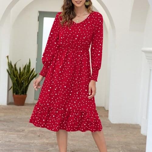 Fashion Polka Dot Print Dress Women High Waist Autumn Dress Long Sleeve V Neck Bohemian Midi Dresses Vestidos