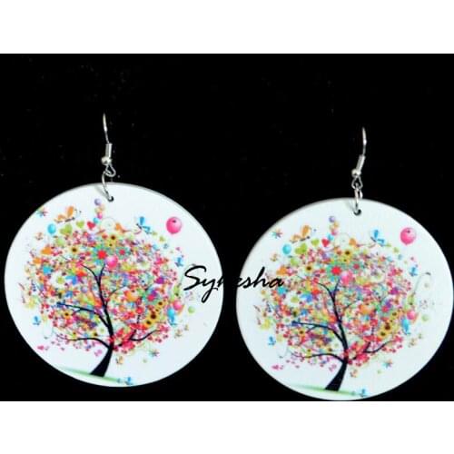 Fashion Round Wood Earrings For Women Colorful Tree Pattern Earrings