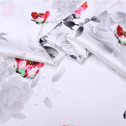 1 Meter White Natural Chinese Silk Fabric Flower Printing Summer Stretch Satin Printed Soft Dress Shirt