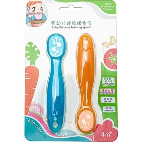 2PCS Lovely Baby Learning Spoons Set Infant Toddler Anti-slip Feeding Training Utensils Tableware Silicone Teether Y1QF