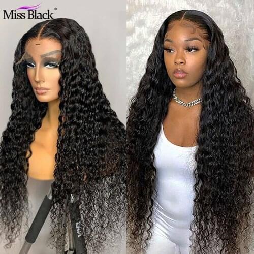 Miss Black Lace Frontal Wig 30 40 Inch Water Wave 13x4 Lace Front Human Hair Wigs Deep Curly Glueless Virgin Brazilian hair