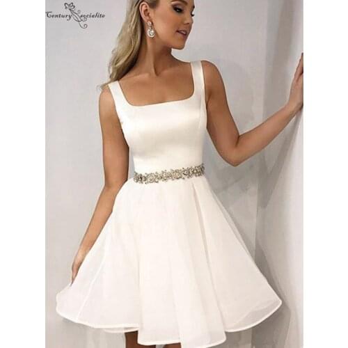 Ivory Simple Homecoming Dresses Short Knee Length Crystal Belt Straps Zipper A-Line Cocktail Dress Prom Party Gowns Cheap