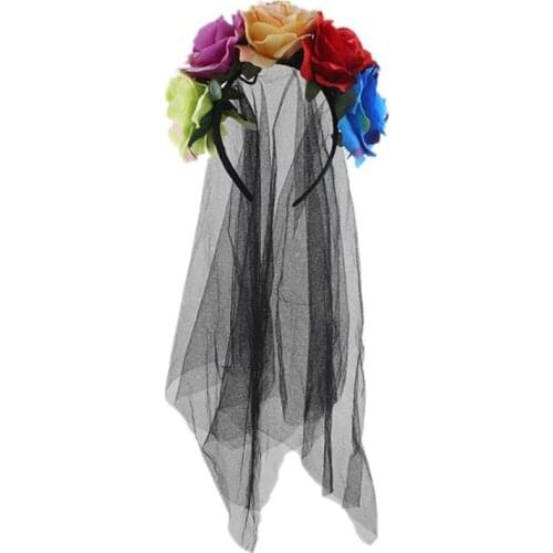 Halloween Day Of the Dead Headband Bride Veil Mesh Rose Flower Hair Accessories for Nightclub Party