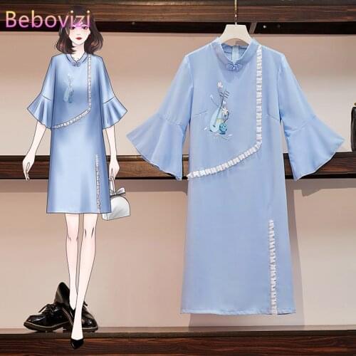 Plus Size M-4XL 3XL 2021 Blue Loose Fashion Modern Cheongsam Oriental Dress Women Short Sleeve Qipao Traditional Chinese Clothes