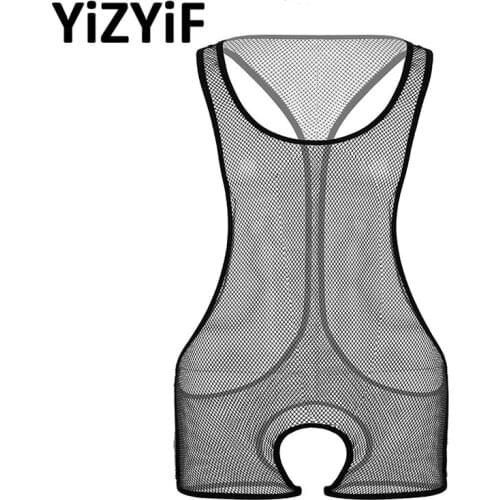 Sexy Bodysuit Men See Through Sheer Fishnet One-piece Bodysuit Lingerie Sleeveless Scoop Neck Crotchless Jumpsuit Sexy Clubwear