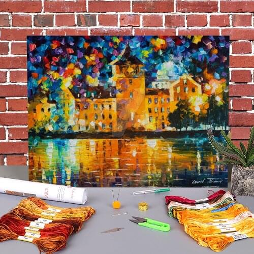 Castle By The Lake Printed Fabric 11CT Cross Stitch DIY Embroidery Patterns DMC Threads Needlework Handmade Design